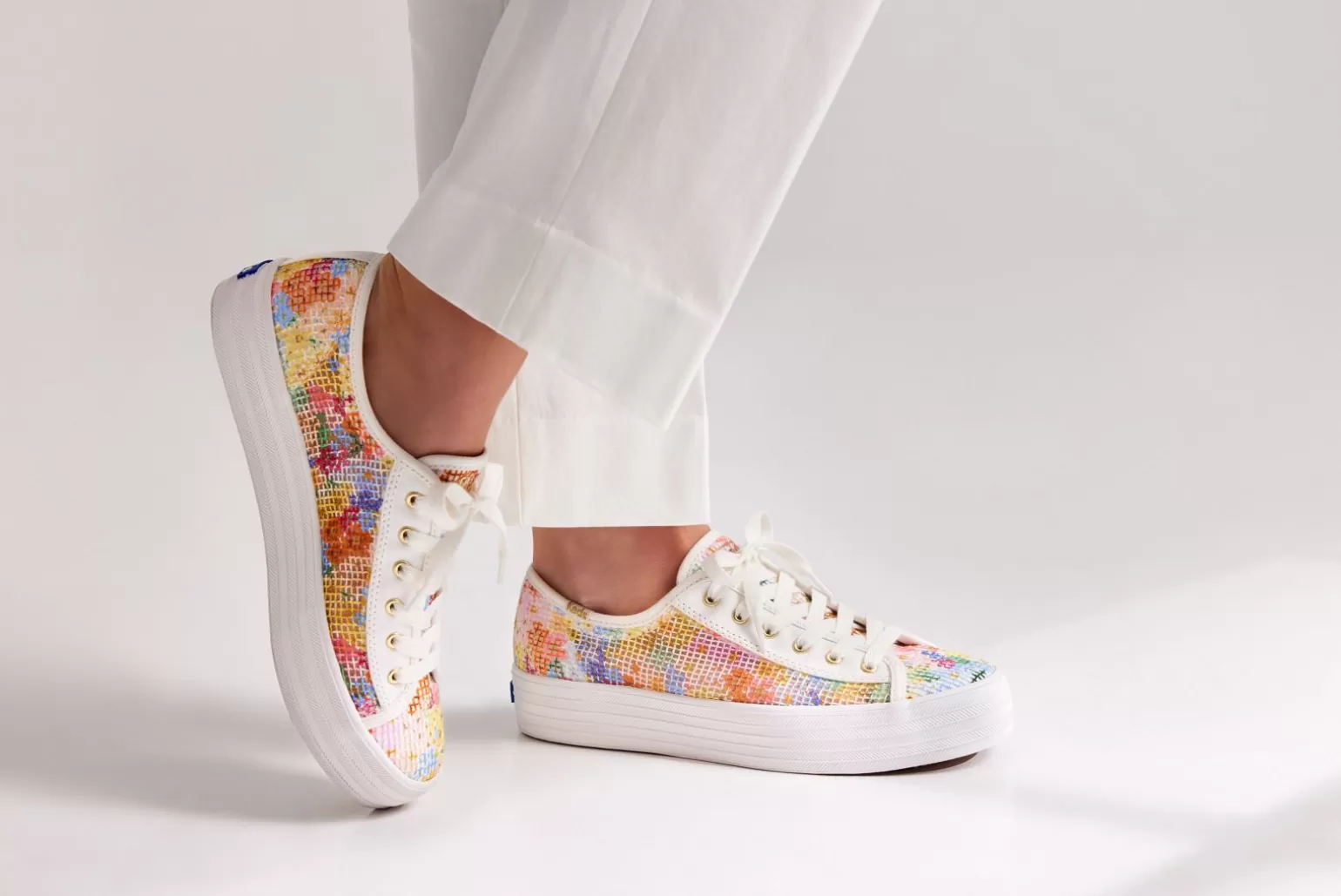 Keds Platforms>Women's X Rifle Paper Co. Triple Kick Mesh Margaux White Multi