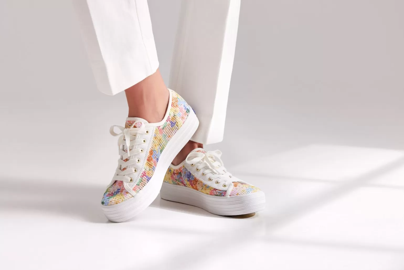 Keds Platforms>Women's X Rifle Paper Co. Triple Kick Mesh Margaux White Multi