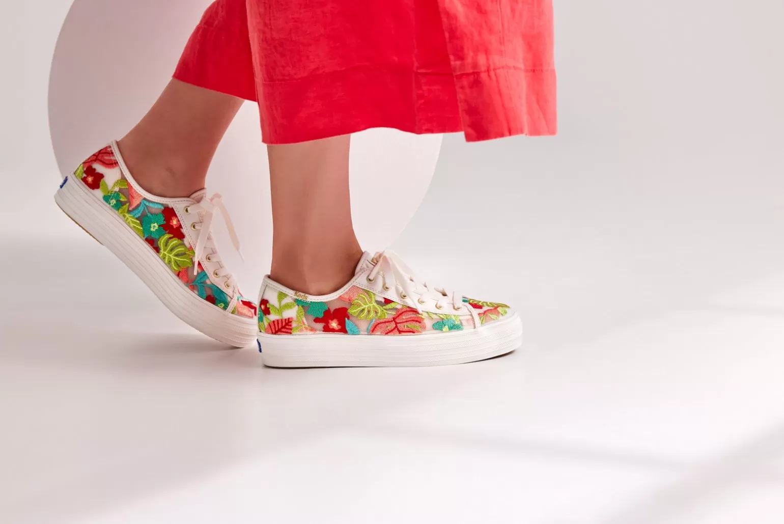 Keds Platforms>Women's Triple Kick Tropical Embroidery Sneaker White Coral